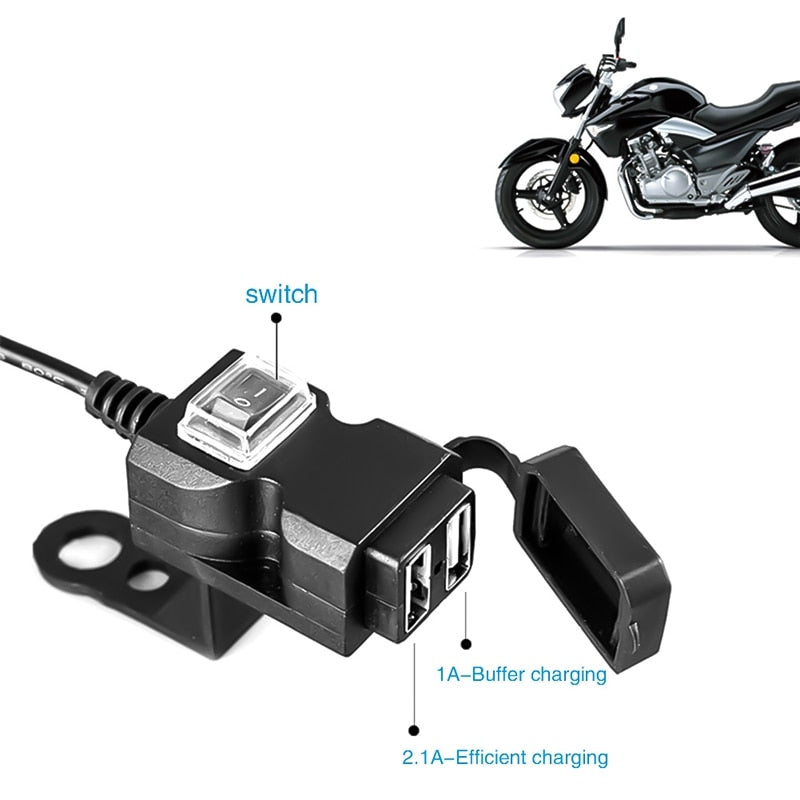 Cargador dual para manillar de motocicleta, resistente al agua, con puerto USB, 12V, 5V, 1A/2.1A