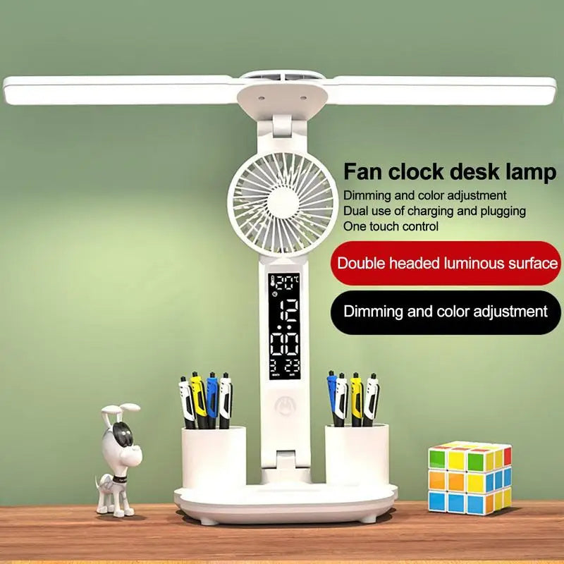 Lámpara de mesa LED con ventilador, calendario, termómetro y portalápices