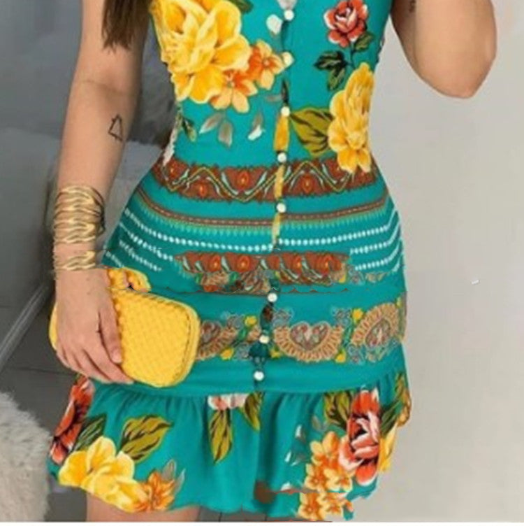 Vestido estampado con cuello en V y botones