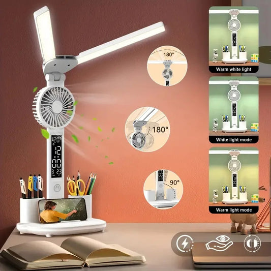 Lámpara de mesa LED con ventilador, calendario, termómetro y portalápices