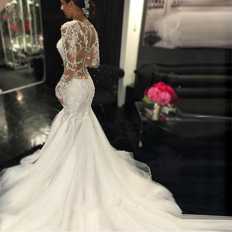 vestido de novia de encaje largo y fino