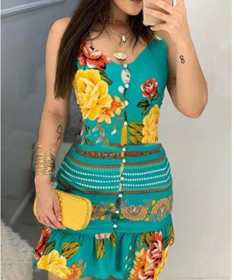 Vestido estampado con cuello en V y botones