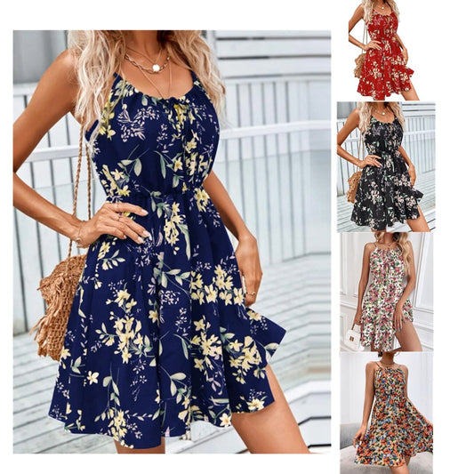 Vestido con tirantes y estampado floral con diseño de cintura elástica