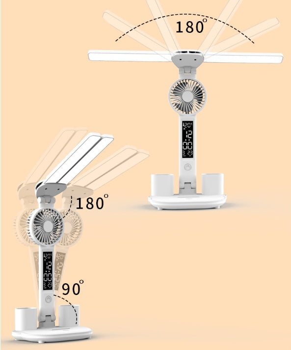 Lámpara de mesa LED con ventilador, calendario, termómetro y portalápices