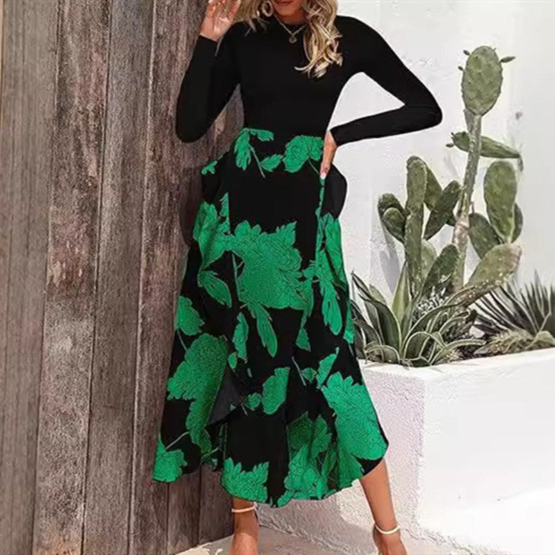 Vestido ajustado con volantes y estampado de patchwork