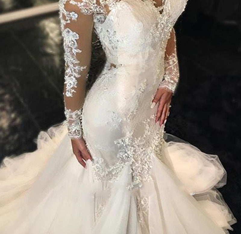 vestido de novia de encaje largo y fino