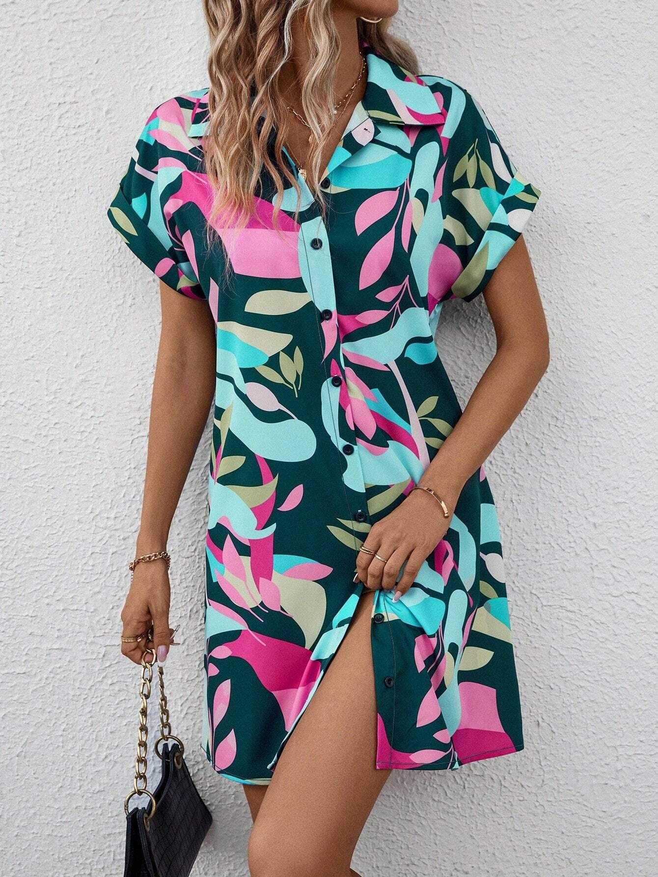 Vestido camisero de manga corta con estampado Floral