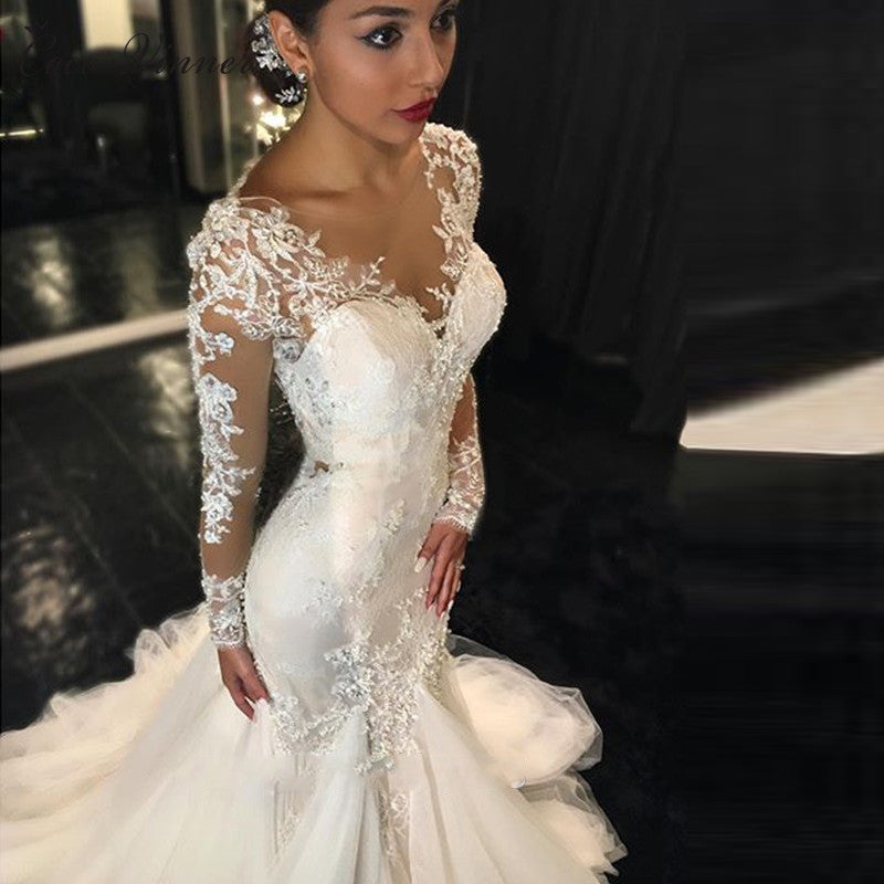 vestido de novia de encaje largo y fino