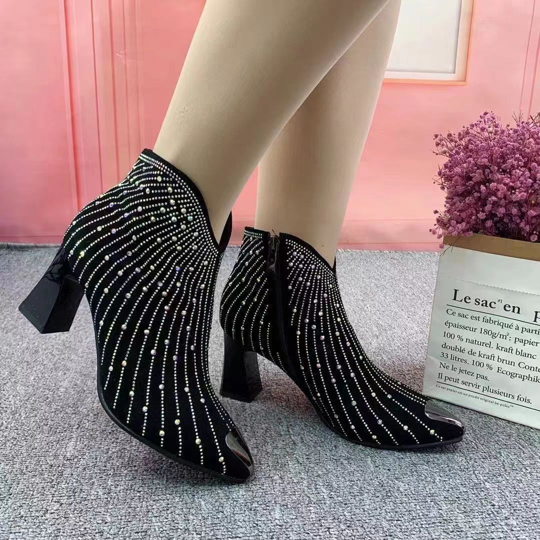 Botines puntiagudos anticolisión de tacón alto con diamantes de imitación